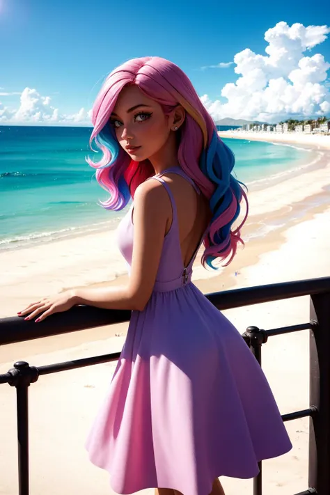 a woman with pink hair and a multicolored dress on a beach with a blue sky in the background, railing,   colorful, a pastel, synchromism
masterpiece, best quality, intricate details,   <lora:contrast_slider_v10:3> <lora:backlight_slider_v10:-1.1>,  <lora:a...