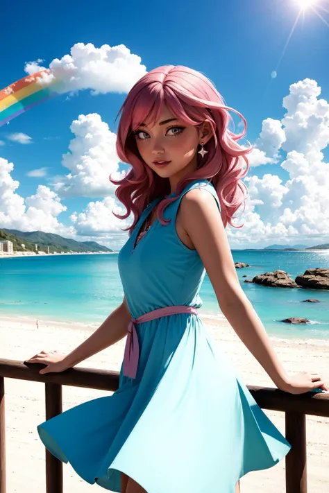 a woman with pink hair and a rainbow dress on a beach with a blue sky in the background, railing,   colorful, a pastel, synchromism
masterpiece, best quality, intricate details,   <lora:contrast_slider_v10:3> <lora:backlight_slider_v10:-1.1>,  <lora:add_sh...