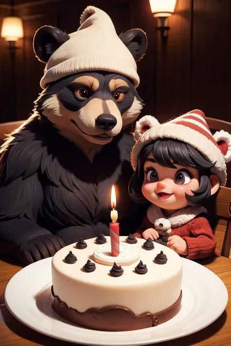 A bear and a raccoon are sitting at the table, birthday cake, in festive caps