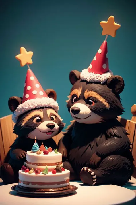 A bear and a raccoon are sitting at the table, birthday cake, in festive caps