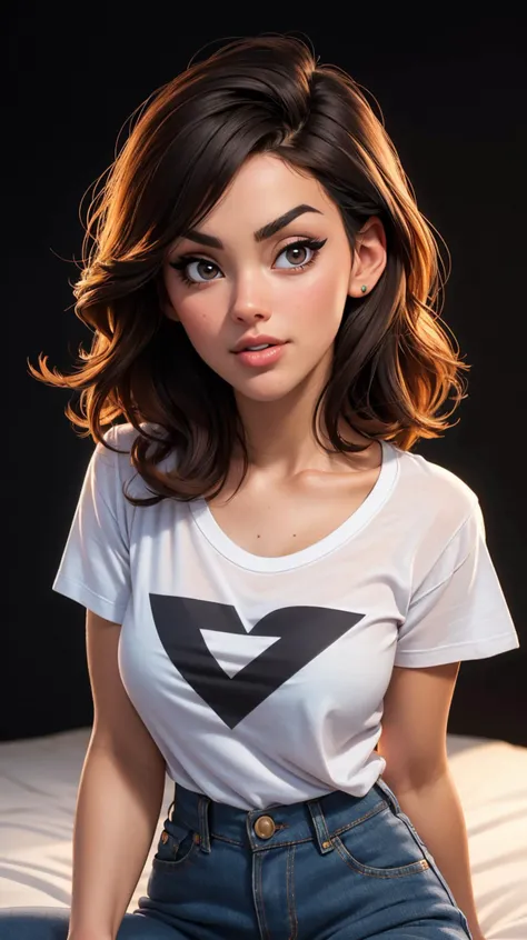 DEN_yegola_SG:1.2 wearing a ((oversized t-shirt:1.2)), ((rocker t-shirt, logo on t-shirt)), ((brown hair)), bob hair, hyper realistic, 4k, medium breasts, masterpiece, beautiful, facing the viewer, headshot, chin cleft, denim pants, ((nasolabial folds)), D...