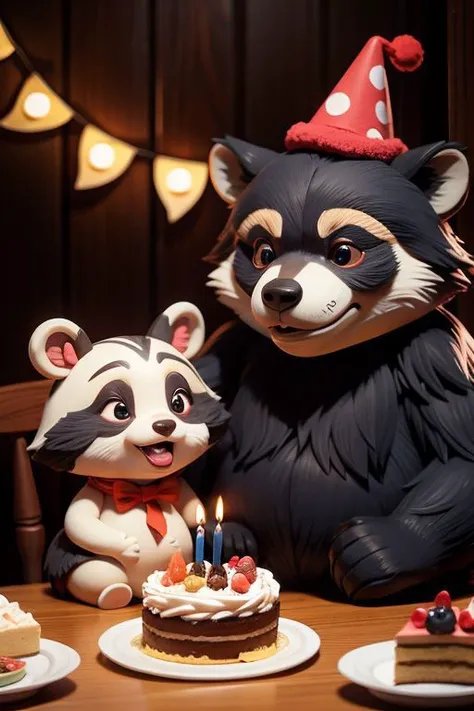 A bear and a raccoon are sitting at the table, birthday cake, in festive caps