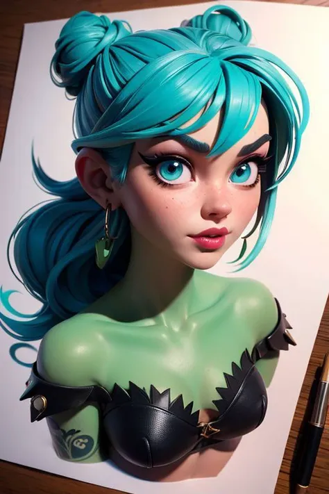 sensual girl- Green Grinch ,dressed in a skin ,blue eyes, pop art style, plump lips, ,sunersexy look, high-gathered hair in a bun, tattoo, aesthetically pleasing, 5d, oil painting, lots of details, hyper-precise character drawing, shadow contour , emphasis...