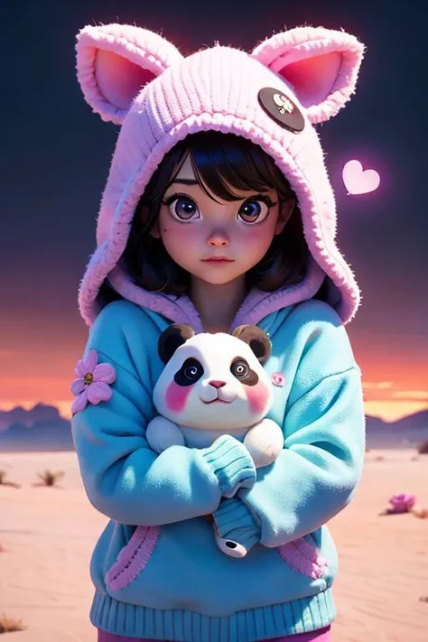 Realistic tiny fluffy baby rabbit in the form of a Panda, holding a glowing heart, big huge eyes, photorealism, cyberrealism, in a fluffy knitted floral hoodie, hyperrealism, realistic, professional photo, aesthetic, Cute, cute, in the desert