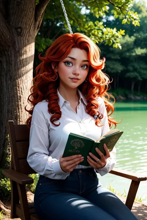 1girl, big hair, curly hair, long hair, long sleeves, looking at viewer, orange hair, red hair, ringlets, shirt, solo, wavy hair, lake, nature, dappled sunlight, flower, tree,swing,  reading, 
masterpiece, best quality, intricate details, <lora:backlight_s...