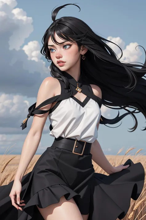 1girl, arms at sides, black hair, dress, floating hair, jewelry, long hair, looking at viewer, realistic, sash, solo, standing, wind,wheat field, storm, wind, 
masterpiece, best quality, intricate details, absurdres,   <lora:VividAnimeV1.6:1> VividAnime, 1...