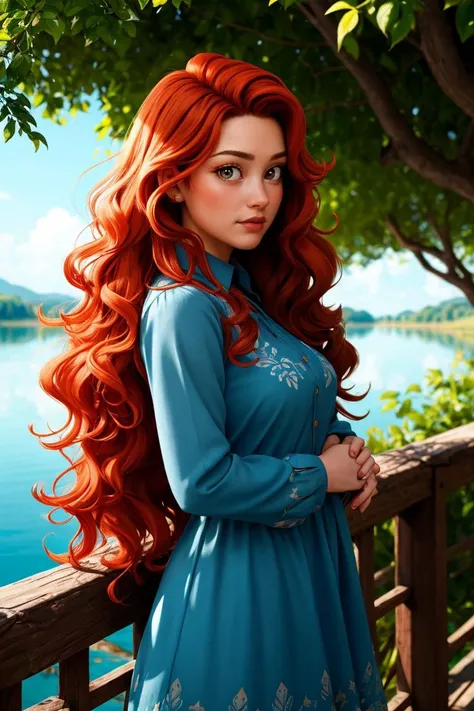 1girl, big hair, curly hair, long hair, long sleeves, looking at viewer, orange hair, red hair, ringlets, shirt, solo, wavy hair, lake, nature, dappled sunlight, flower, tree, 
masterpiece, best quality, intricate details, <lora:backlight_slider_v10:-0.5> ...