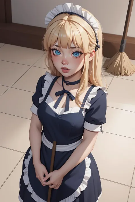 apron, bangs, blunt bangs,  blue eyes, (blonde hair:1.3), choker, depth of field, long eyelashes,  indoors, lips, long hair,  maid, maid apron, maid headdress,  ribbon, short sleeves, solo, holding broom, tile floor, 
masterpiece, best quality, intricate d...