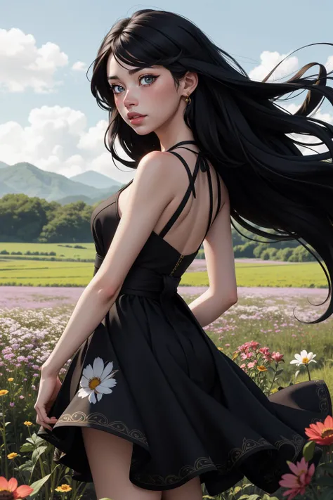 1girl, arms behind back,  black hair, dress, floating hair, jewelry, long hair, looking at viewer, realistic, sash, solo, standing, wind, flower field, 
masterpiece, best quality, intricate details, absurdres,   <lora:VividAnimeV1.6:1> VividAnime, 1girl,li...