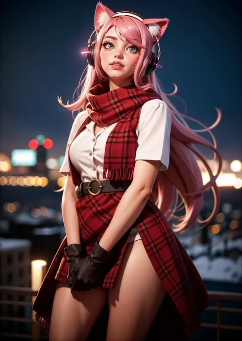 1girl,  cat ear headphones, cat ears, dress, gloves, headphones, lips, long hair, pink hair, rain, solo,  looking at viewer, bokeh,  plaid scarf, 
masterpiece, best quality, <lora:epiC35mm:1> epiC35mm <lora:epiCRealismHelper:1>,  <lora:contrast_slider_v10:...