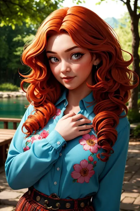 1girl, big hair, curly hair, long hair, long sleeves, looking at viewer, orange hair, red hair, ringlets, shirt, solo, wavy hair, lake, nature, dappled sunlight, flower, tree, hand on own chest, 
masterpiece, best quality, intricate details, <lora:backligh...