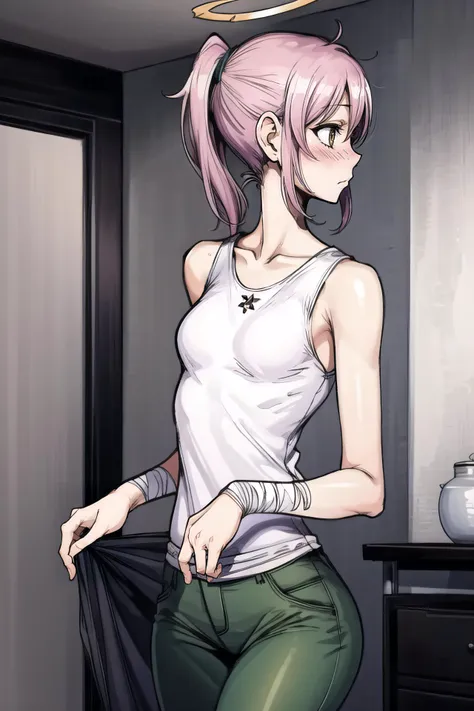 anime girl with pink hair and a white shirt and green pants