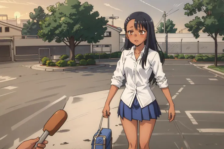 (masterpiece, best quality),  intricate details, 8k,
1girl,   <lora:nagatoro hayaseV1:0.8> nagatoro hayase, brown eyes, black hair, long hair, dark skin,hairclip, white shirt, blue skirt, school shoesbrown eyes, black hair, long hair, dark skin,hairclip, w...