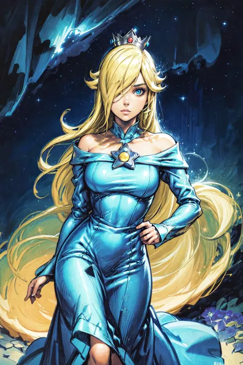 thick outlines, comics, photorealistic, 1girl, solo, <lora:RosalinaV3:0.9>, IncrsRsln, blonde hair, hair over one eye, RslnDef, crown, bare shoulders, off-shoulder dress, long sleeves, blue dress, long dress, aqua dress, space, stars, planets, garden, deta...