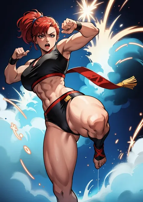 masterpiece, best quality, 8k, hdr, artstation, wallpaper, official art, splash art, cinematic lighting, 80s anime DVD still, female martial arts fighter, dynamic pose, abs, high kick, king of fighters, yell,