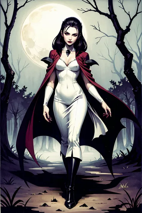 a beautiful vampire walking in the woods. moonlight.