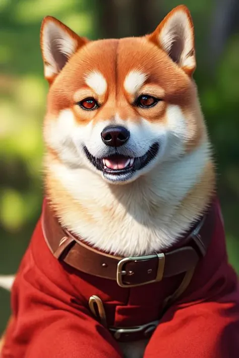 photo realistic, full color, upper body, an armed Shiba dog face warrior,