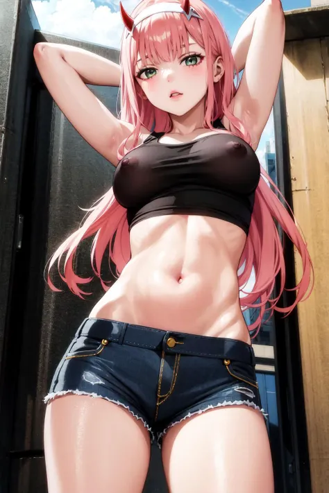 masterpiece ,1girl, nsfw, ( arms behind head, arms up)  ,aazero2, long hair, horns, hairband,  ( hands on hips) ,black cropped t shirt,denim, micro_shorts,street <lora:zero_two_(darling_in_the_franxx)_v1:0.7> , <lora:micro_shorts_v0.6:1>