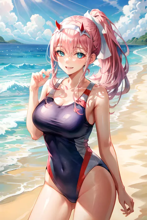 best quality, masterpice, 8k RAW, beautiful, intricate details, gorgeous, standing,  <lora:zero_two_(darling_in_the_franxx)_v1:0.9> , ddzero2, long hair, ponytail, sidelocks, horns, hairband, collarbone, one-piece swimsuit, smiling, happy,  <lora:add_detai...