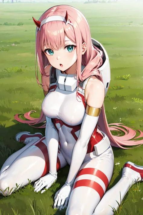 anime girl with pink hair and white body sitting on grass