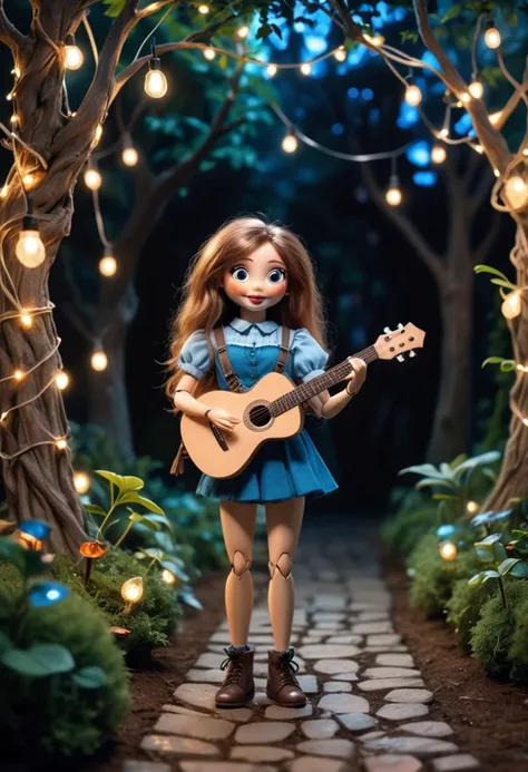 (medium full shot) of (enchanting puppet) wearing a blue sleeveless blouse, shorts with suspenders, holding a miniature guitar, ...