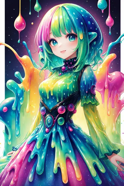 masterpiece, 8k, high quality, 1girl, girl wearing a colorful slime dress, looking at camera, dark background, <lora:SlimeDressStyle:0.8> slime attire,  <lora:Background_Detail_v3:-0.9>