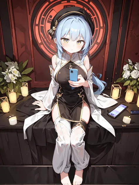 (masterpiece, best quality, highres:1.3), 1girl, large breasts, morning, yaodong architecture, shalwar kameez, cloche hat, holding phone, light blue hair, ponytail, straight-across fringe, amber eyes, sad, lonely, downpants, full body