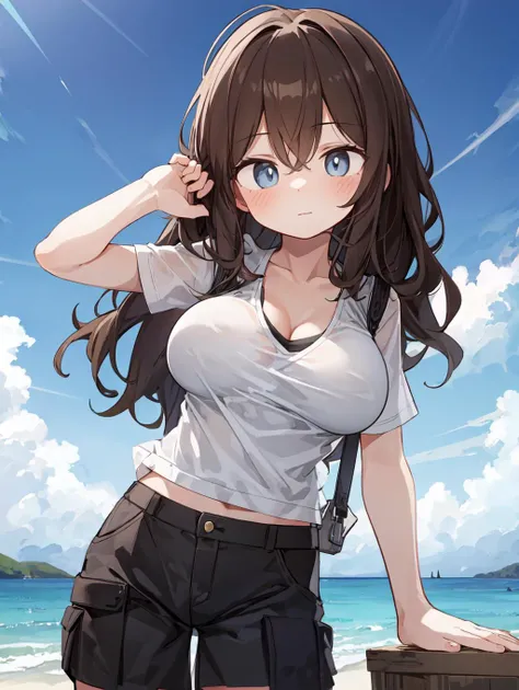 (masterpiece, best quality, highres:1.3), 1girl, large breasts, functionalism, cargo shorts, clothing aside, dark brown hair, beach waves, hair intakes, grey-blue eyes