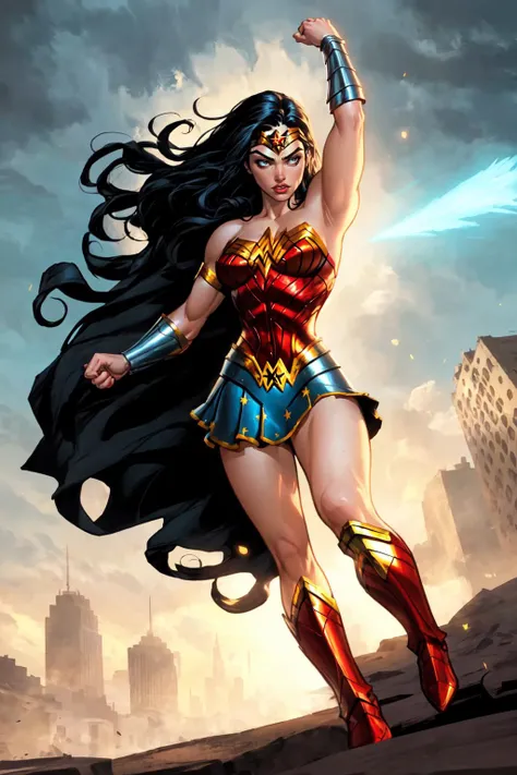 wonder woman standing on a rooftop with her arms outstretched