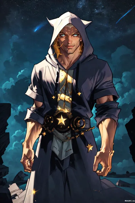 a man in a hoodedie holding a star in his hand