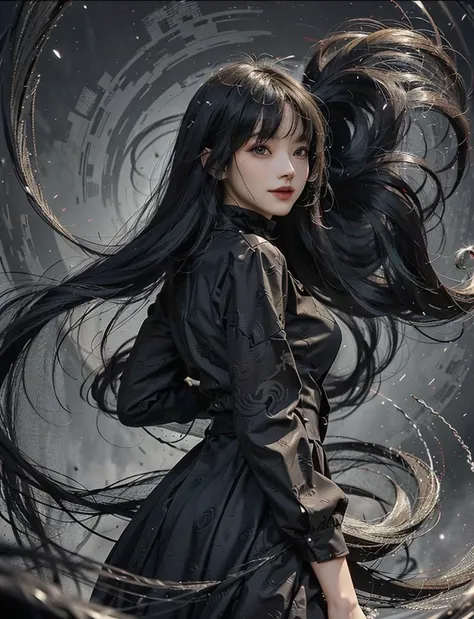 photograph, woman with hands behind back (super long hair swirling and wrapping around her:1.3), windy hair, (black clothes swirling and wrapping around:1.2), smiling, looking at viewer, dusty, vellus, plain black dress
 <lora:darkstyle_dress:0.5>