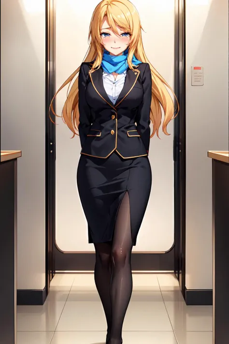 best quality, masterpiece, feet out of frame, 1girl, solo, Mitsuhashi Serika, standing, knees apart feet together, looking to the viewer, furrowed brow, closed mouth, smile, stewardess uniform, pencil skirt, blue stewardess scarf, black thighband pantyhose...