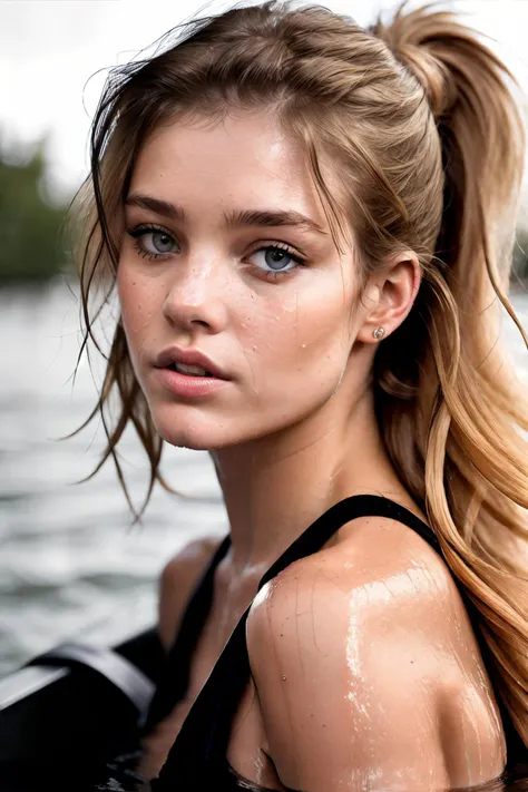 RAW, real photo portrait, nataliaVo1 , on a boat, (wearing a wet black t-shirt), pretty face, insanely detailed eyes, light blonde hair, high ponytail, bokeh, natural light, depth of field, golden hour, sharp focus