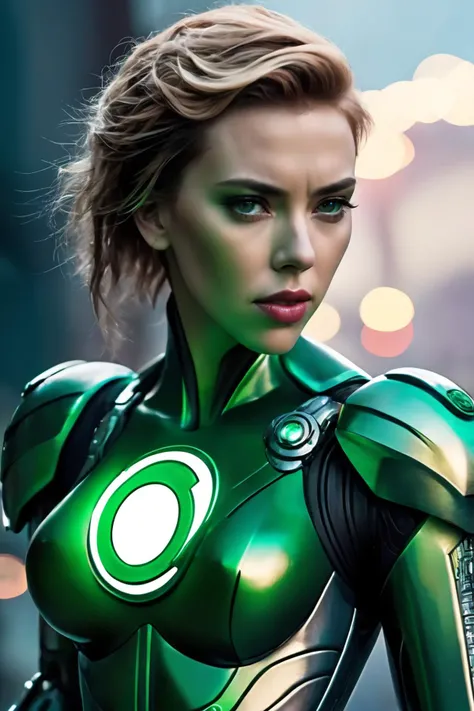 cinematic photo , ( Scarlett Johansson as    cosplaying cyberpunk  superheroine green lantern)  with rusty and damage  cybernetic arm,   cyberpunk style,  dynamic posture ,    neon light, trending art, trending on artstation,   (SteelHeartQuiron character,...