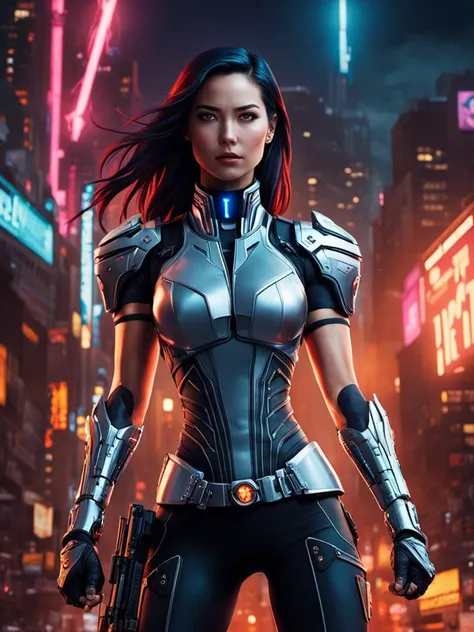 cinematic photo , ( Olivia Munn as    cyberpunk  phoenix  from xmen)  with rusty and damage  cybernetic arm,   cyberpunk style,  dynamic posture , a group of rebels fighting against a totalitarian government,     neon light,  night,  super detailed, 8k, hi...