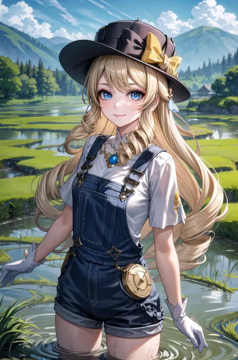 (masterpiece, best quality, detailed), 1girl, solo, blue eyes, drill hair, bangs, looking at viewer, long hair,
overalls, short sleeves, white gloves, cabbie hat, white shirt, rice paddy, rural, mud, power lines, scenery, hill, mountainous horizon, hill, w...