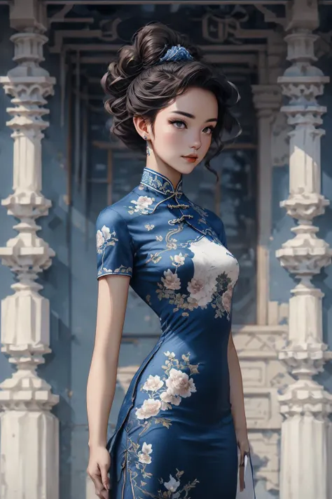 ((masterpiece)), (best quality), official art, extremely detailed CG, unity 8k wallpaper, ultra detailed, highly detailed, detailed background, vivid color, photorealistic, perfect lighting, best illumination,
1girl, qinghua, front view, cheongsam, blue fl...