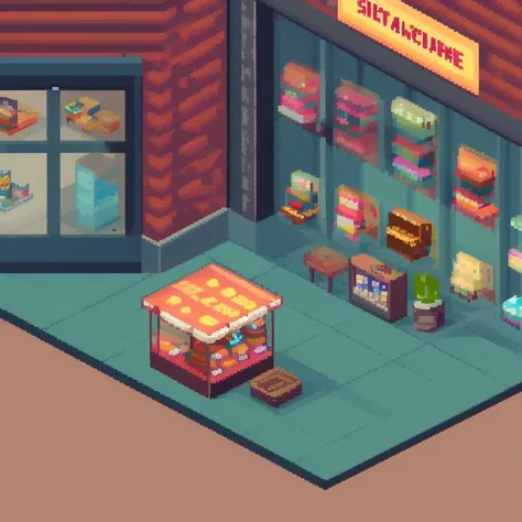 isometric videogame store, isopixel style