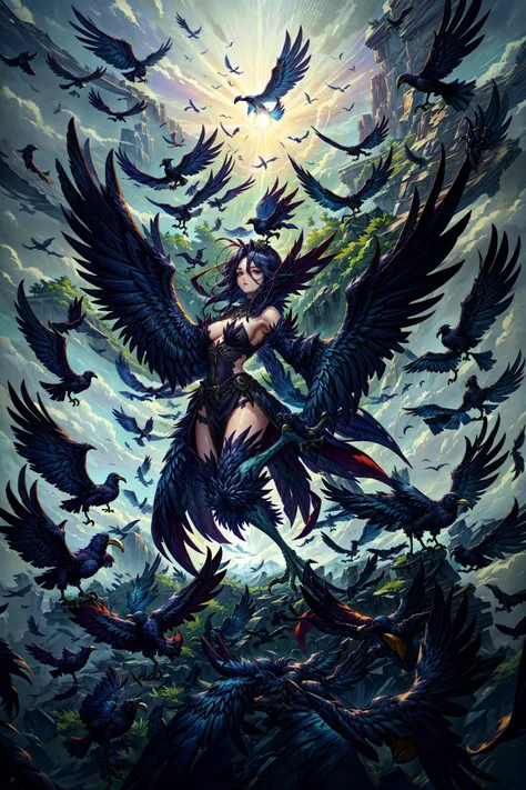 a woman with a large bird on her shoulder surrounded by crows