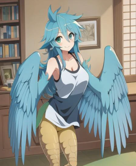 anime style, picture of a harpy girl, green eyes, anime eyes, long blue hair, <lora:harpy_v1:0.7>, in a mansion, large blue wings, bird legs, messy hair, wearing a tanktop, happy, outgoing, airhead, yellow legs, clean linework