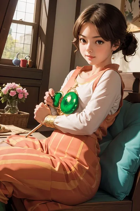 araffe asian woman sitting on a bed with a green glass ornament