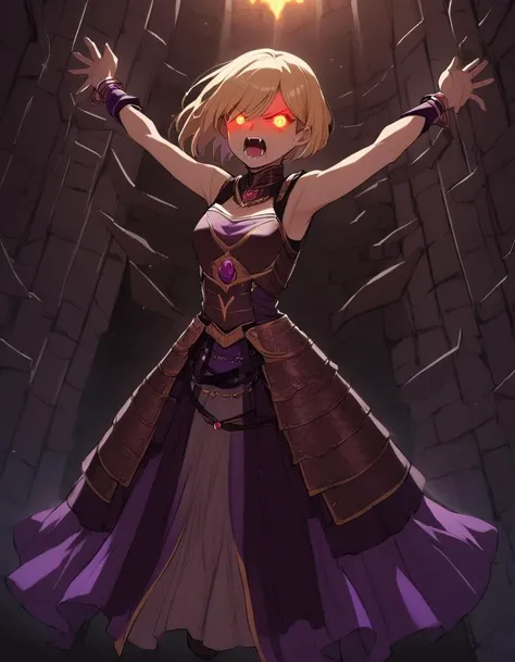 1girl,ameliamaid,(solo:1.3),Very short hair,blonde hair,armor,sleeveless,dress,bracelet,jewelry,full body,raised arms,glowing eyes,screaming,in dungeon, <lora:1990s ShoujoManga Anime Style [XLlora]:1>, <lora:AmeliaMaidXL:0.6>