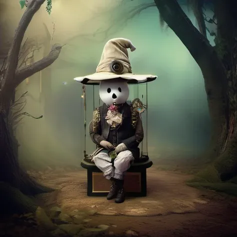 arafed teddy bear dressed as a wizard sitting on a bench