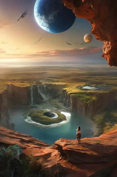 a man standing on a cliff looking at a planet and a river