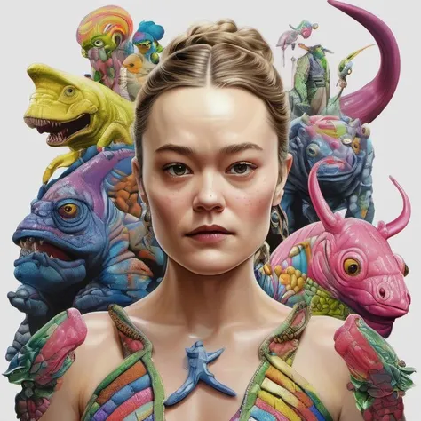 a woman in a colorful dress with a bunch of monsters behind her