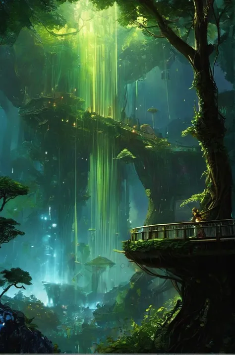 grand and complex fantasy scene of  fierce  girl   in  The Treetop City of the Navi in "Avatar" (2009): Bioluminescent plants illuminate intricate aerial structures woven into the branches of giant trees, creating a breathtaking fusion of nature and techno...