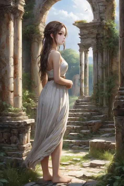 a painting of a woman standing in a stone archway