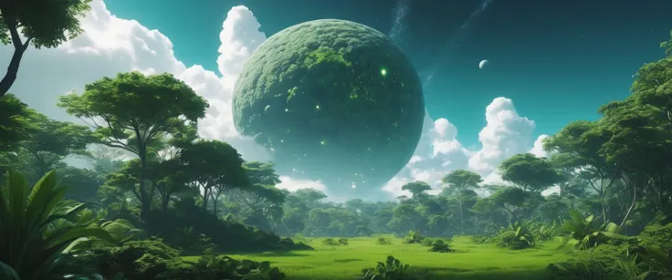 a green ball in the middle of a lush green field