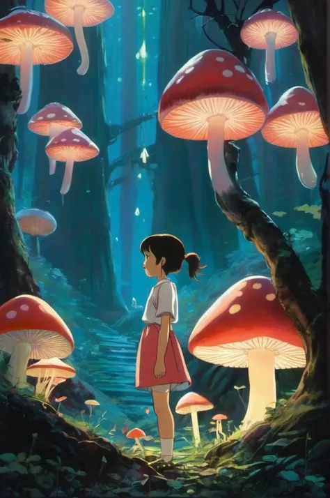 a girl standing in front of a forest full of mushrooms