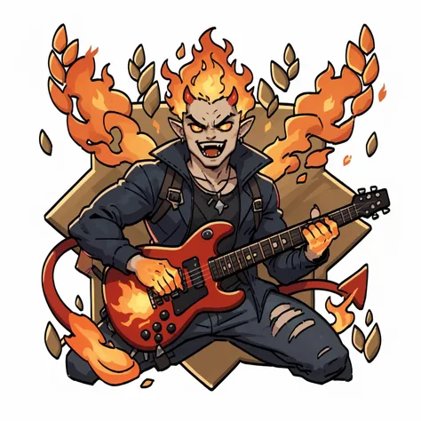 a cartoon image of a man with a guitar and flames